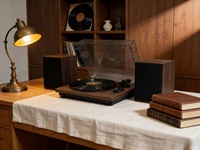 Tourne-disque vinyle sans fil BT professionnel Hi-Fi audiophile à 3 vitesses avec enceintes externes de type bibliothèque