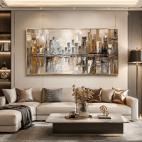 Peinture murale abstraite de luxe faite à la main sur toile, paysage urbain texturé Impasto, dépeinture de l'horizon doré, décoration pour la maison, le bureau ou le salon