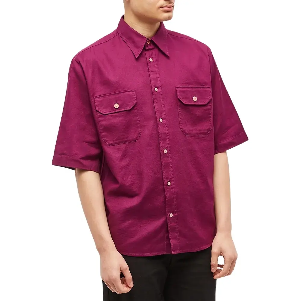 100% Cotton Twill Plain Shirts In Bulk Oversized Double Pocket Button Up Short Sleeve Shirt For Men