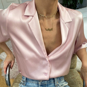 Elegante Camicetta Estiva in <span class=keywords><strong>Seta</strong></span> da <span class=keywords><strong>Donna</strong></span> con Scollo a V e Mezza Manica, Blusa Casual Morbida Tinta Unita, Kimono Sexy da Club - Product Image 1