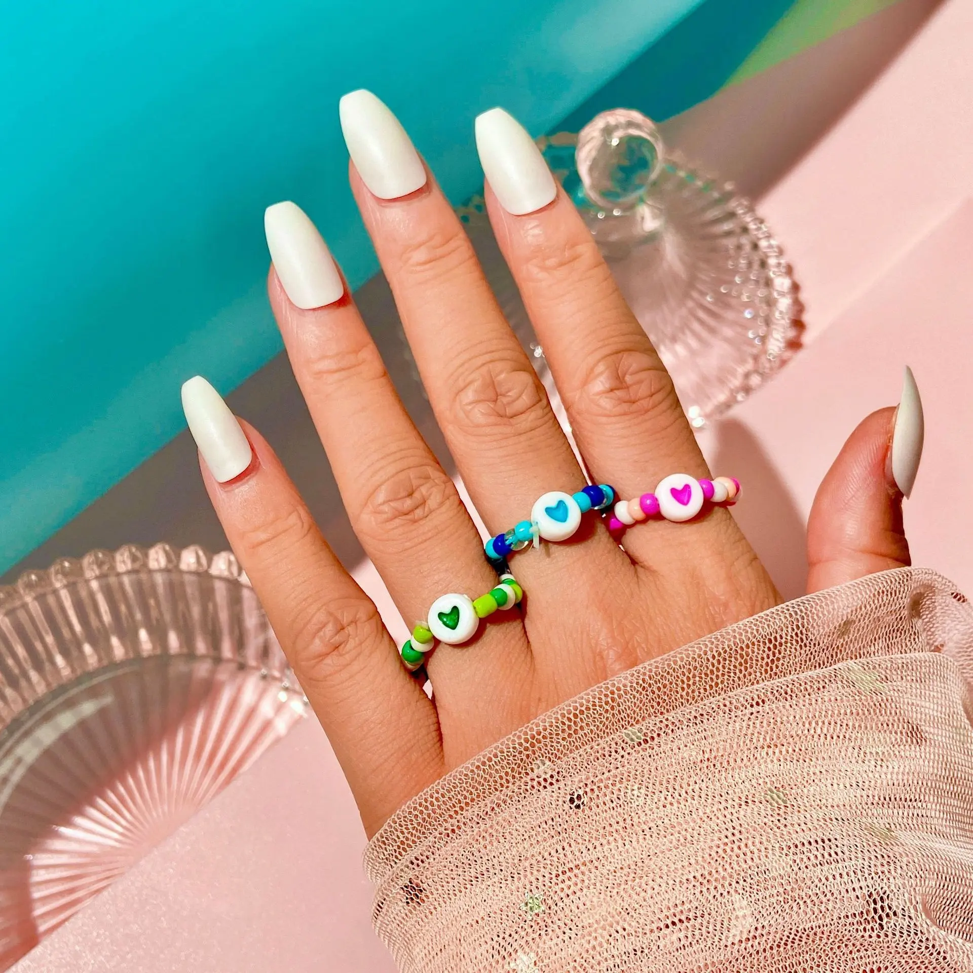 Fashion jewelry wholesale hot selling boho colorful seed Beaded finger rings simple vintage soft pottery heart stackable ring