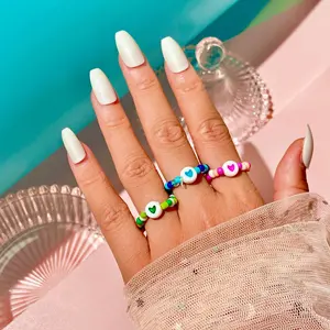 Fashion jewelry wholesale hot selling boho colorful seed Beaded finger rings simple vintage soft pottery heart stackable ring