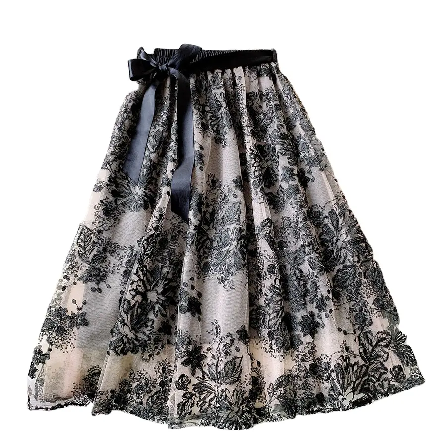 2023 Vintage Women Skirt Summer Sequins Embroidery Flower Fashion Black Gauze Elegant Cotton Breathable Ladies Mid Length Skirts