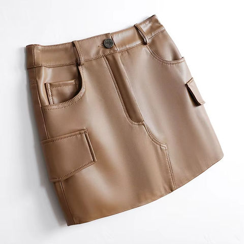 3344 Factory Price Winter Simple Women Plain Pocket Low Waist Real Leather Mini Skirts