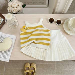 Tongxingyuan Girls Summer Striped Knitted Vest Pleated Skirt Set Yellow Cotton Outfit - Product Image 1