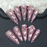 Venta Directa de Fábrica: 10 Uñas Postizas de Lujo para Halloween, Largas, Estilo Ataúd/Stiletto, Brillantes con Pedrería, Hechas a Mano, de Presión
