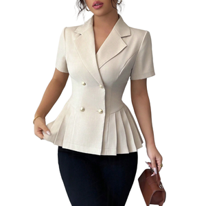 Manteau de costume <span class=keywords><strong>d</strong></span>écontracté ajusté pour femme, beige, à revers crantés, double boutonnage, manches courtes, style péplum, idéal pour le bureau - Product Image 1