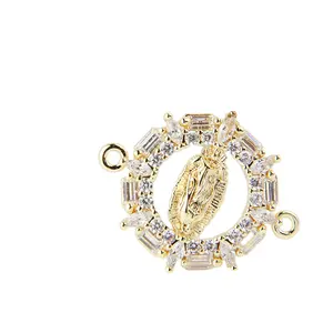 Sıcak satış 18k altın kaplama dini tarzı yuvarlak oyuk Madonna desen elmas seti kolye