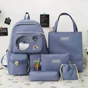 <b>Backpack</b> School 2024 <b>Canvas</b> Waterproof Solid Color Five-Piece Schoolbag Fresh Sweet Bear Large-Capacity <b>Backpack</b> - Product Image 4