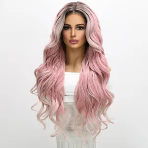 Peruca de renda frontal popular carnicaron rosa para mulheres, peruca de fibra sintética ondulada para o corpo