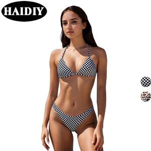 빠른 샘플 솔리드 체크 프린트 백리스 디자이너 수영복 섹시한 홀터 스플릿 비키니 제조업체 여성 맞춤 수영복 - Product Image 1