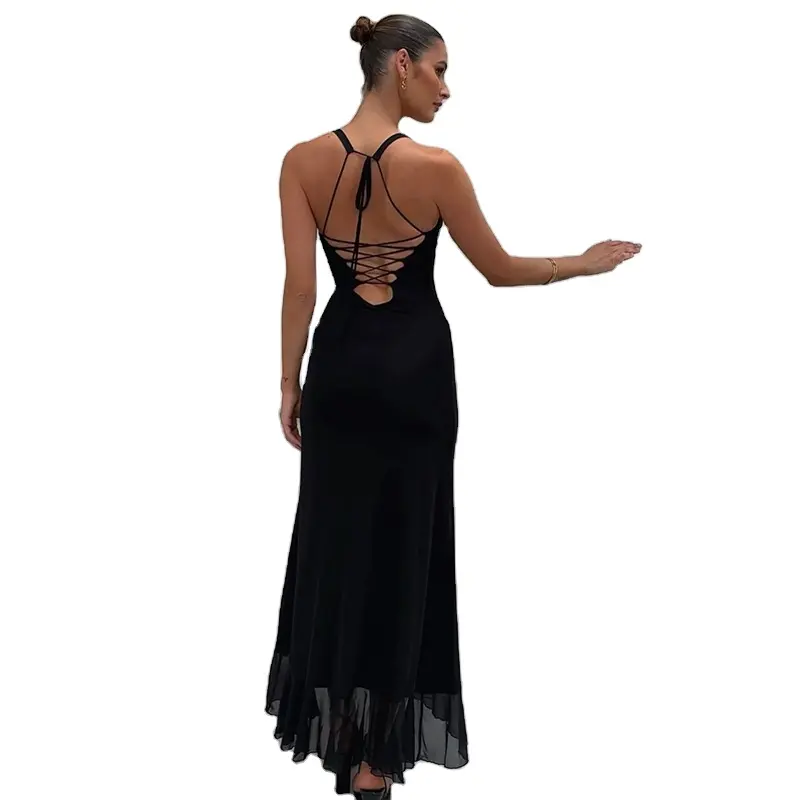 W5744 Nouveautés Robes Sexy pour Femmes Noires d'Été à Bandage en Croix Creuse pour Fête Contrastée