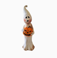 Figurine en résine fantôme d'Halloween mignonne HOUSEDECO, style vintage, avec nœud papillon et citrouille, écologique, décoration rustique effrayante