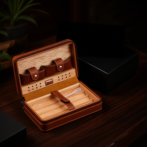 Ensemble humidor à cigares de luxe DB fait main avec briquet torche et coupe-cigares, étui en cuir marron, accessoires métalliques, design rectangulaire - Product Image 2