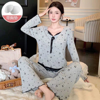 Printemps et automne dentelle nœud avec coussin de poitrine pyjamas femmes fil de soie de glace à manches longues pantalon grande taille pyjamas ensemble