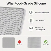 Tapis de séchage de vaisselle en caoutchouc, égouttoir de cuisine imperméable en silicone épaissi sans BPA, grand plateau de drainage en silicone pour comptoir de cuisine