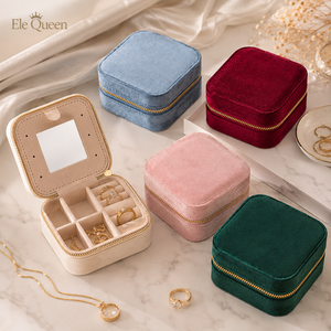 Luxury Velvet Jewelry Organizer <b>Box</b> with Mirror Zipper Closure and Travel Jewelry Storage Compartments for small jewelry storage - Product Image 1