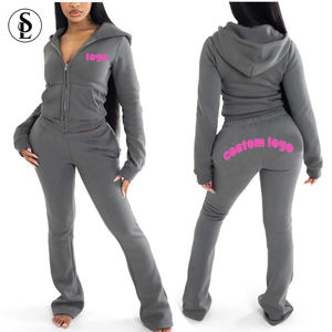 Survêtements pour femmes Logo personnalisé Ensemble pantalon évasé 2 pièces Vêtements Coton de haute qualité Sweat à capuche zippé Pantalon de survêtement pour femmes - Product Image 1