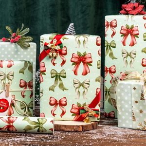 Christmas <b>Wrapping</b> <b>Paper</b> Reversible Green Red Bow Design 17 In X 32.8 Ft Gift Craft Use Recyclable - Product Image 3