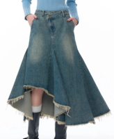 OEM ODM Dames Taille Haute Hanche Genou Longueur Queue de Poisson Sexy Denim Jupe de Lavage de Singe Décontracté Avant Court et Dos Long Style Irrégulier