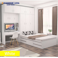 Suite de chambre à coucher moderne avec lit tatami souple, lit double en chêne personnalisable avec armoire, design à panneaux taille Queen pour usage domestique