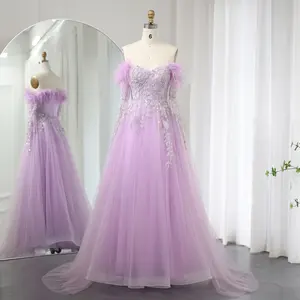 Jancember SZ262 Elegant Lilac Feather Women's Party Formal Evening Gowns Dresses