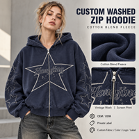 Sweat à capuche zippé personnalisé pour femme, en molleton délavé, imprimé sérigraphié, à épaules tombantes, coupe oversize, manches longues, décontracté