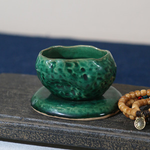 Pot à bonsaï en céramique avec plateau, petit, fait main, forme unique, glaçure verte - Product Image 2
