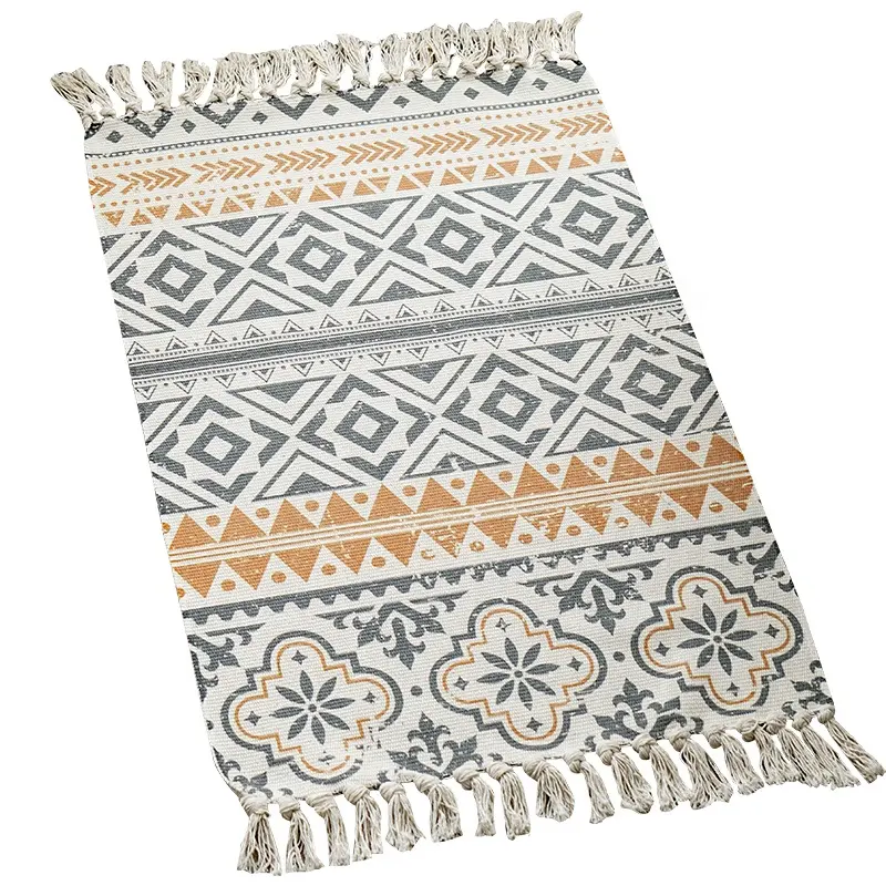 Tapis de sol style bohème, accessoire en coton et lin, moquette de sol rétro, nappe de chevet