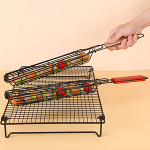Outdoor wooden handle stainless steel barbecue <b>grill</b>, camping barbecue tool, square non-stick barbecue net, picnic <b>BBQ</b> <b>grill</b> - Product Image 4