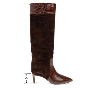 Big Size 46 Suede Leather Patchwork Long Booties Wide Fit Low Heels Shoes Women's Pointed Toe Stone Print Knee High <b>Boots</b> - Product Image 3