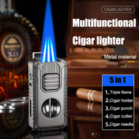 DEBANG Briquet à cigares multifonctionnel triple flamme puissant 5 en 1, torche, alliage de zinc, perforateur de cigares, coupe-ongles, rechargeable