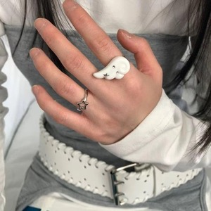 Y2K 翅膀星星戒指套装 韩国天使翅膀五角星设计开口戒指 女士男士朋克哥特戒指 可调节戒指 - Product Image 1
