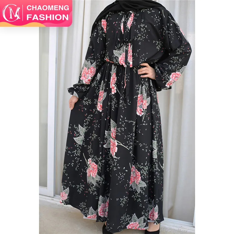9069 # लंबे समय से मुस्लिम फैशन शिफॉन पोशाक मामूली इस्लामी कपड़े पुष्प प्रिंट लंबी आस्तीन काले Abaya दुबई में मैक्सी कपड़े