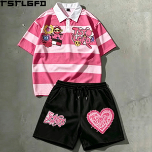 Cut And Sew Pink Striped Polo Shorts <b>Set</b> Heavyweight Graphic Printed Y2K Streetwear Two Piece <b>Set</b> Wholesale Bulk - Product Image 1