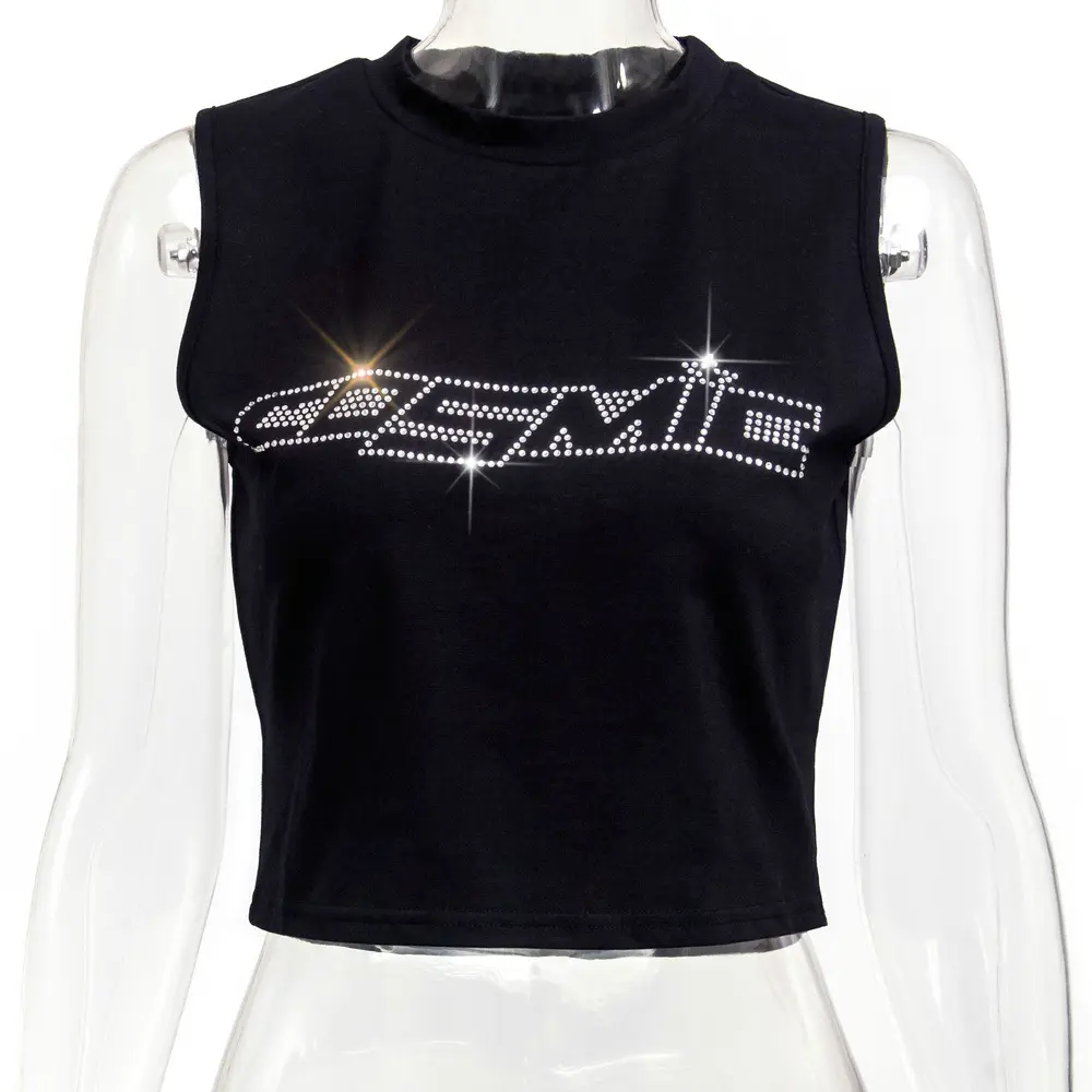 Low MOQ Custom Bling Brand Logo Sports Crop Vest Lady Streetwear Sleeveless Rhinestones Cropped Tank Tops