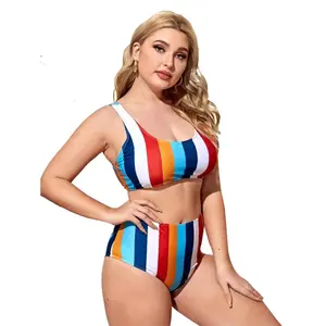 New large size bikini split swimsuit female wholesale female sexy stripe plus fat big swimsuit