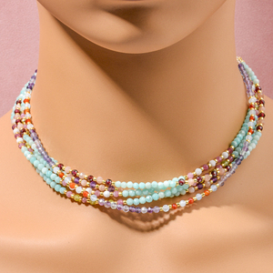 Collana impilabile da donna in stile bohémien con perle sfaccettate rotonde da 3 mm in pietra naturale brasiliana, amazzonite, tormalina rosa e peridoto, per uso quotidiano - Product Image 2
