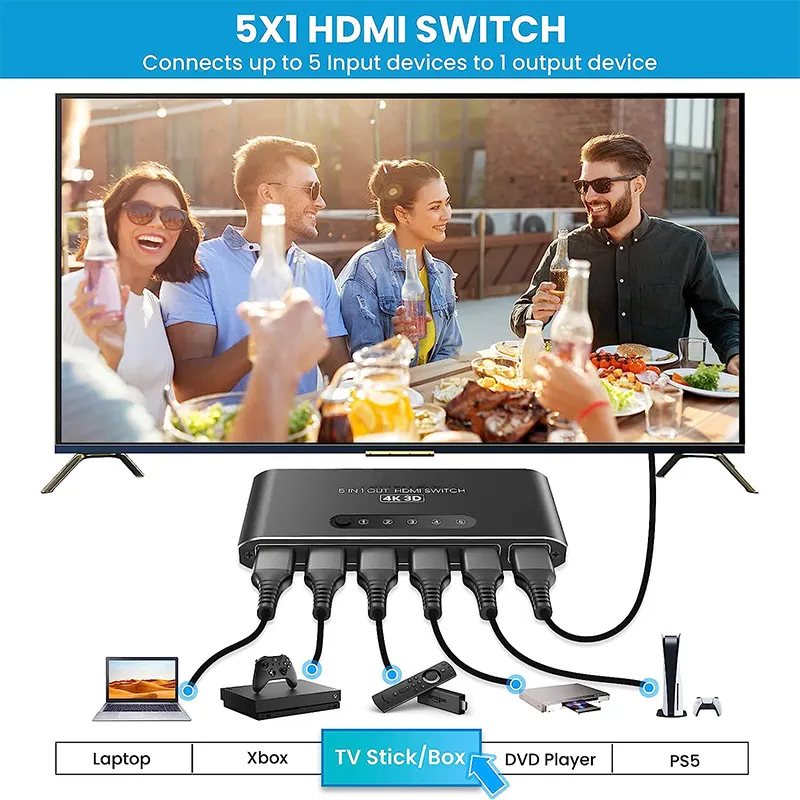 2024 HDMI 스위처 1 in 5 out HDMI 스위처는 컴퓨터 XBOX 용 IR 리모콘으로 4K30Hz 1080P60Hz 고해상도를 지원합니다