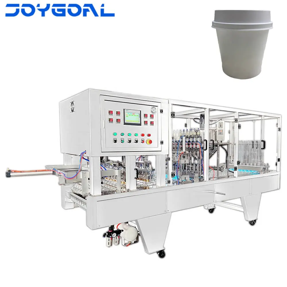 स्वचालित पानी कप भरने वाली सीलिंग और पैकिंग मशीन तैयार पेय चाय कप हीट सील मशीन