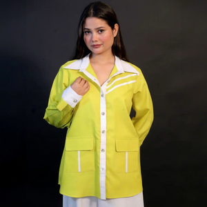 Chemisier jaune contrastant boutonné pour femme, manches longues, coupe ample, décontracté, avec poches, tissé, long, 2XL, pour printemps-été - Product Image 1