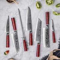 Grandsharp Damascus Keukenchefsmes 67 Lagen S35VN Staal Nakiri Kiritsuke Utility Messenset Rood Risen Carbon Fiber Handvat