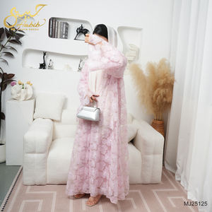 عباية دبي فاخرة مصنوعة يدويًا للعيد ورمضان، دانتيل مزخرف ثلاثي الأبعاد بالزهور واللؤلؤ، كارديجان مفتوح للمسلمات مع فستان داخلي - Product Image 1