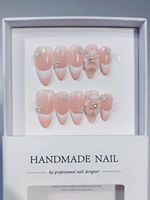 TSZS Faux Ongles à Presser en Acrylique Faits Main, Forme Amande Française, Qualité Supérieure, 10 Pièces, Rose Brillant avec Fleur en Relief