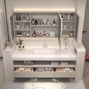 Skin-feel integrated basin arc washbasin bathroom cabinet painted light luxury cream style - Product Image 4