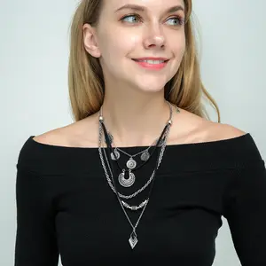 Gothic Kettingen Chakra Zon En Maan Charme Hanger Multlayered Alloy Chain Choker Ketting Sieraden