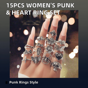 Set of 15 Women's Fashionable Heart <b>Cross</b> Punk Cluster <b>Rings</b> for Wedding Engagement Party or Gift Mainly Made of Alloy - Product Image 2