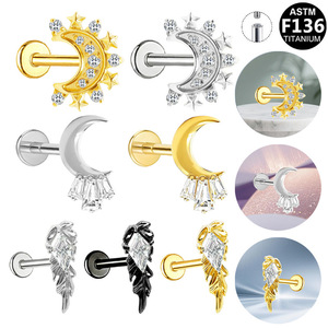 Boucles d'oreilles en acier titane Lune et Étoiles avec zircon serti à griffes pour bijoux de piercing tendance et tenues de soirée - Product Image 1