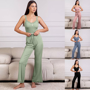 Ensemble <span class=keywords><strong>pantalon</strong></span> et haut à bretelles en dentelle extensible personnalisé pour <span class=keywords><strong>femme</strong></span> – Confortable, décontracté, sexy, idéal pour la maison, été et printemps - Product Image 2