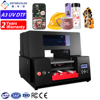 Mesin Cetak Stiker Flatbed UV Resolusi Tinggi Refinecolor A3 untuk Casing Ponsel, Mug, Korek Api, Botol Kaca, Bola Golf
